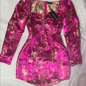 Jacquard Floral Lace Up Long Sleeve Bodycon Dress